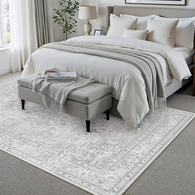 Grey 5x7 Area Rug Washable Vintage Carpet for Living Room Office Soft Retro Floral Low Pile Thin Indoor Rug Non Slip Central Medallion Floor Cover for Bedroom Dining Room