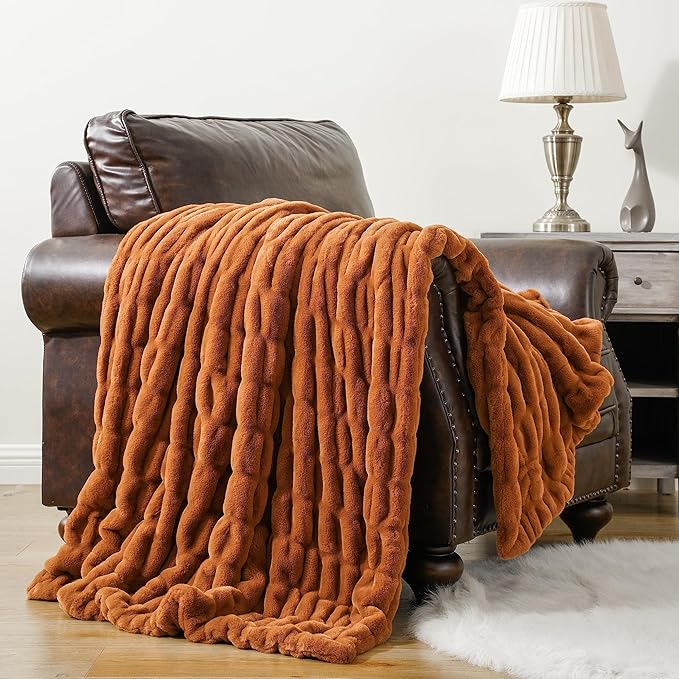 BATTILO HOME Burnt Orange Faux Fur Throw Blanket for Couch, Double Side Ruched Reversible Rabbit Fur Blanket for Bed, Sofa, Cozy Soft Mink Blanket, Fall Throw Blanket Fall Decor, 50x60 Inches