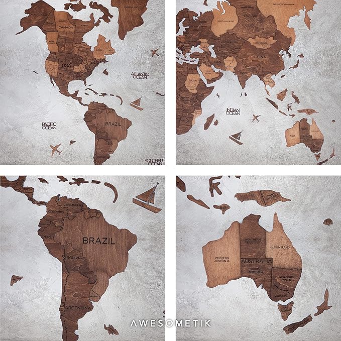 Handmade 3D Wood World Map Wall Art Large Wall Decor Track Your World Travels - Special for Home, Kitchen and Office (Medium, Oak)