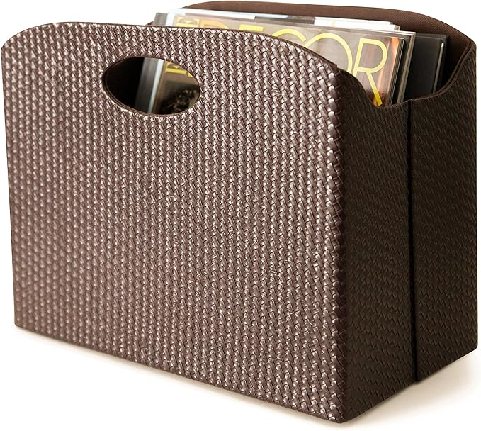 BLU MONACO | Brown Woven Leather Magazine Holder | Storage Basket with Handles for Office Living Room or Bathroom | Vertical Magazine File Organizer