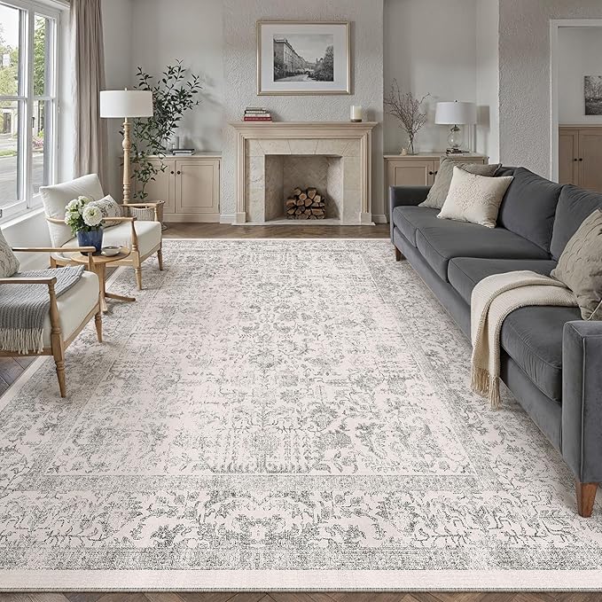 Gray Area Rug 10x12 Machine Washable Large Vintage Living Room Distressed Non Slip Carpet Traditional Indoor Bedroom Grey Retro Floral Accent Throw Rug for Office Kitchen Dining Room