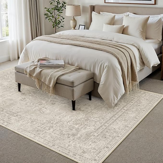 Beige 6x9 Area Rug Washable Vintage Carpet for Living Room Bedroom Large Soft Retro Floral Low Pile Thin Indoor Rug Non Slip Central Medallion Floor Cover for Dining Room Office