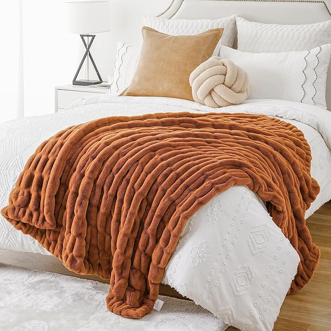 BATTILO HOME Burnt Orange Faux Fur Throw Blanket for Couch, Double Side Ruched Reversible Rabbit Fur Blanket for Bed, Sofa, Cozy Soft Mink Blanket, Fall Throw Blanket Fall Decor, 50x60 Inches
