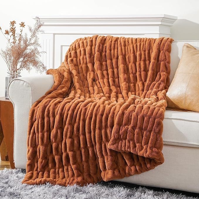 BATTILO HOME Burnt Orange Faux Fur Throw Blanket for Couch, Double Side Ruched Reversible Rabbit Fur Blanket for Bed, Sofa, Cozy Soft Mink Blanket, Fall Throw Blanket Fall Decor, 50x60 Inches