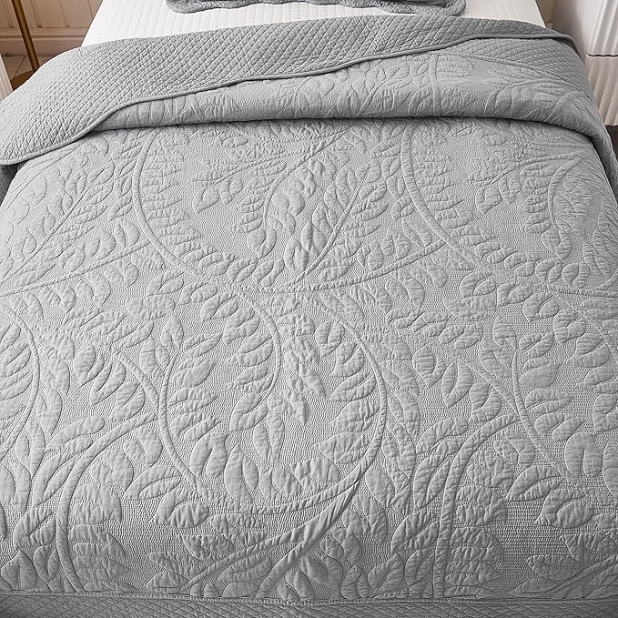 MarCielo 3-Piece 100% Cotton Oversized Bedspread Lightweight Quilt Coverlet Embroidery Farmhouse Bedding Set T0 (Light Grey, Twin (68"x86"))