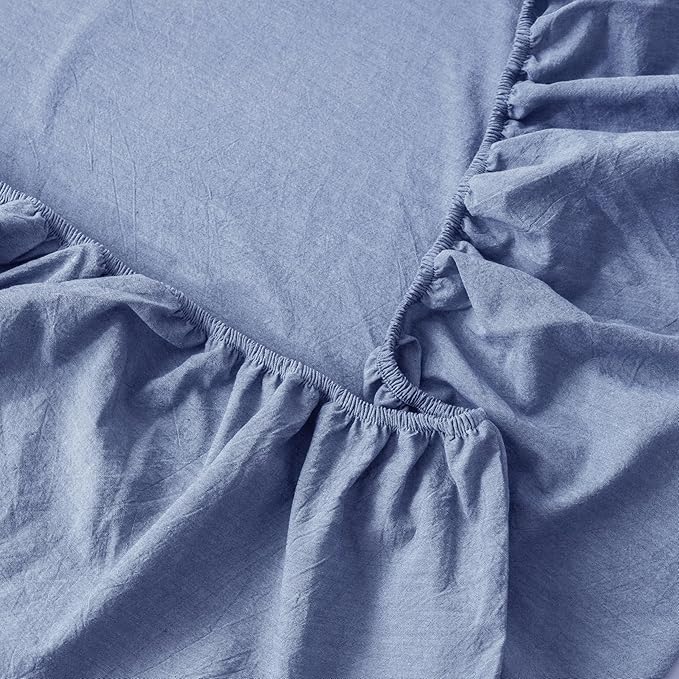 MooMee Fitted Bottom Sheet Only 100% Washed Cotton Linen Like Textured Breathable Durable Soft Comfy Deep Pocket Fits Mattress up to 17" (Blue, Queen) New