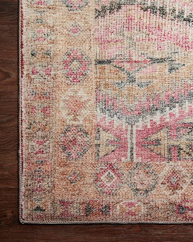Loloi Layla Collection LAY-17 Pink/Lagoon 2'-6" x 9'-6" .13" Thick Runner Rug, Soft, Durable, Vintage Inspired, Distressed, Low Pile, Non-Shedding, Easy Clean, Printed, Living Room Rug