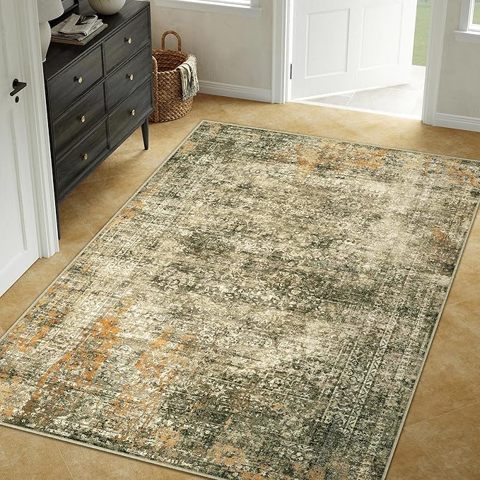 Area Rug 5x7 Brown Washable Non-Slip Lightweight Floral Vintage Distress Print Rug for Living Room Low Pile Soft Throw Indoor Carpet for Office College Dorm Laundry Dining Room Bedroom