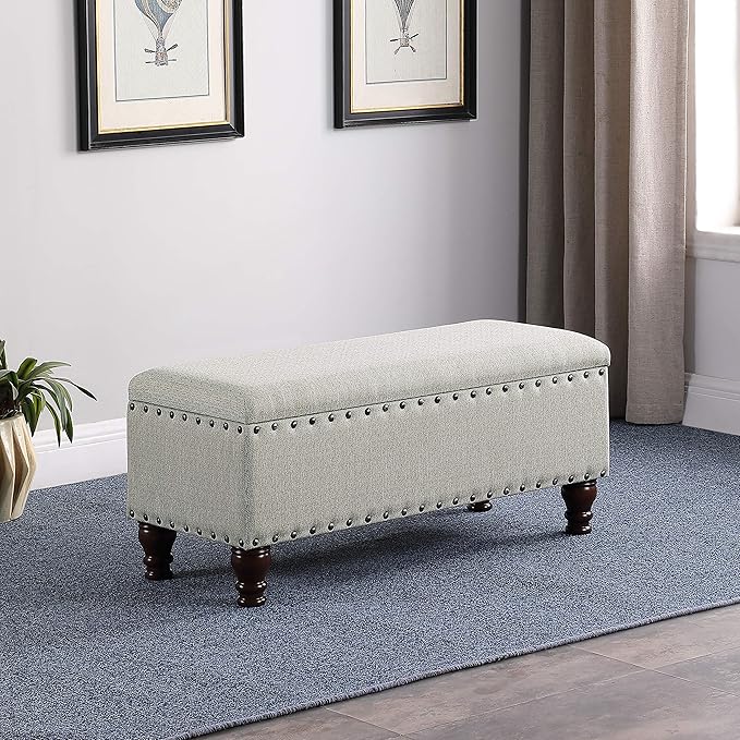 HomePop Large Storage Bench with Nailhead Trim -Gray Woven