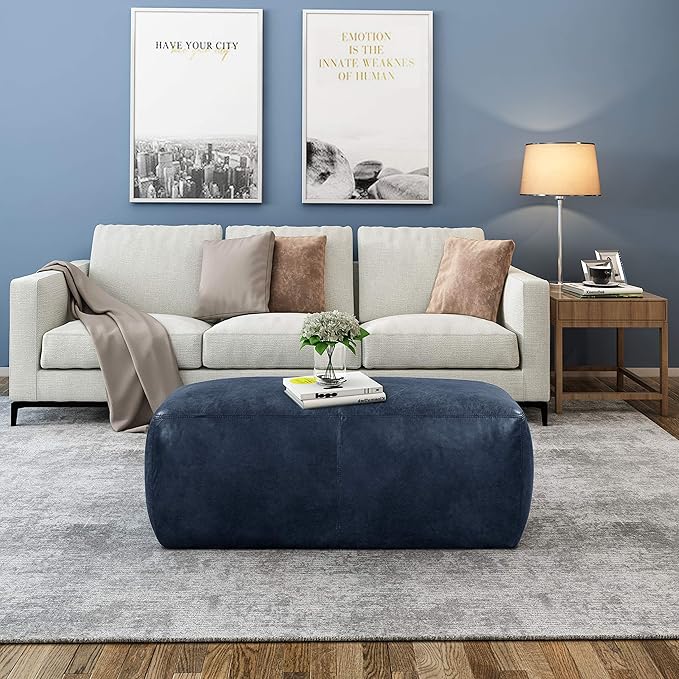 POLY & BARK Denver Ottoman – 43" Large Pouf with Feather-Down Topper – Full-Grain Leather Upholstered Pouf Ottoman for Living Room – Vintage Italian Leather in Midnight Blue
