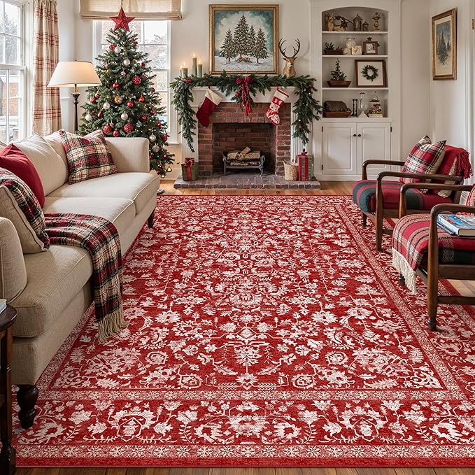 Christmas Area Rug 6x9 Red Washable Living Room Carpet Vintage Floral Holiday Decor Indoor Bedroom Accent Rug Decorative Non Slip Low Pile Xmas Carpet for Dining Room Office Playroom