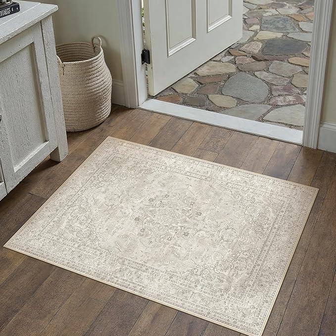 Beige 2x3 Area Rug Washable Vintage Small Carpet for Entryway Kitchen Soft Retro Floral Low Pile Thin Door Mat Non Slip Central Medallion Throw Rug for Bathroom Office Bedroom Dining Room