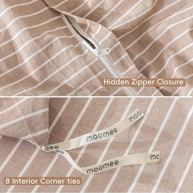 MooMee Striped Duvet Cover Set 100% Washed Cotton Linen Like Textured Breathable Durable Soft Comfy (Orange White Wide Stripes, Queen 90"x90")