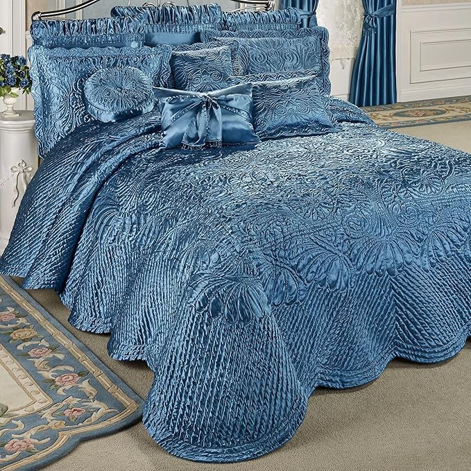 Touch of Class Portia Luxury Bedding | Rich Sapphire Blue | Premier Quilted Polyester Satin | Hand Guided Machine Quilted Scroll Design 3 Piece Set: Cal King Oversized Bedspread & 2 King Shams