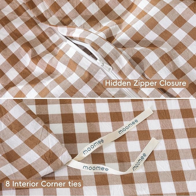 MooMee Gingham Duvet Cover Set 100% Washed Cotton Linen Like Textured Breathable Durable Soft Comfy Modern Checkered Design (Dark Orange Gingham, Oversized Queen 98"x98")
