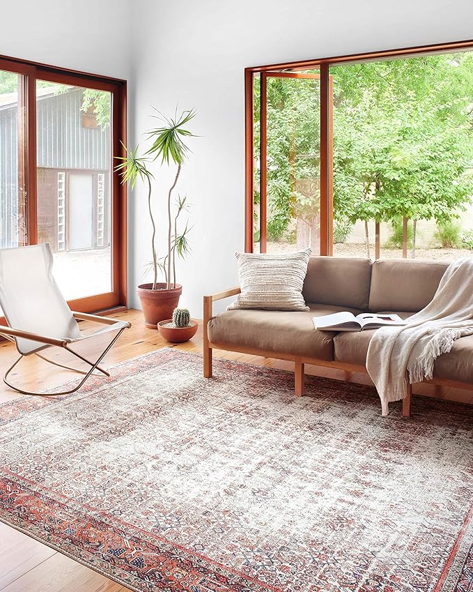 Loloi Layla Collection LAY-12 Ivory/Brick 2'-6" x 7'-6" .13" Thick Runner Rug, Soft, Durable, Vintage Inspired, Distressed, Low Pile, Non-Shedding, Easy Clean, Printed, Living Room Rug