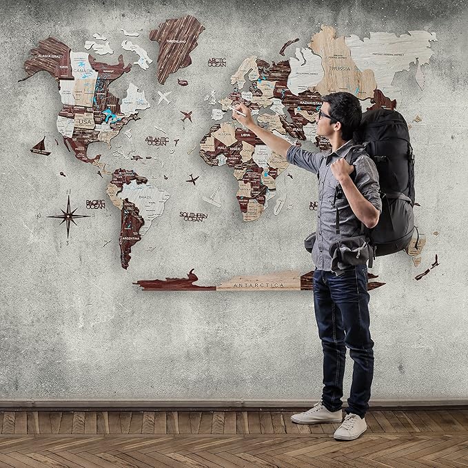 Handmade 3D Wood World Map Wall Art Large Wall Decor Track Your World Travels - Special for Home, Kitchen and Office (X-Large, Cappuccino)
