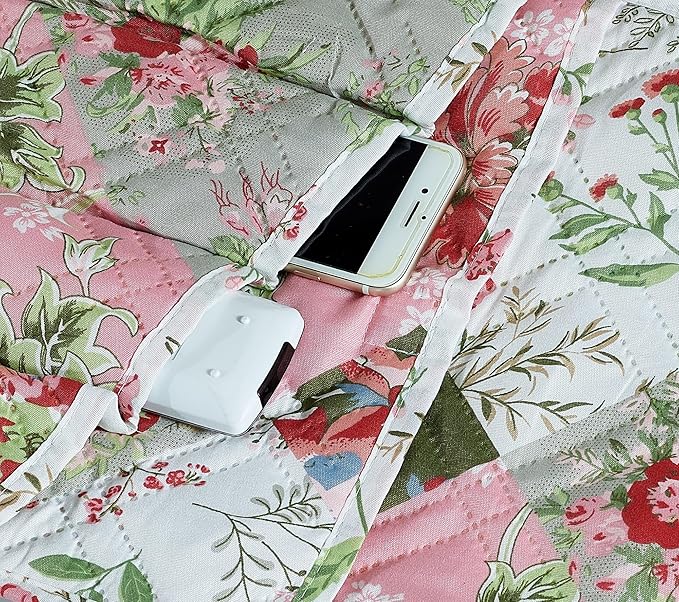 Brilliant Sunshine Peach Flowers Patchwork Couch Armrest 5 Pockets Organizer, Slip Resistant Recliner Armchair Caddy, Washable Remote Controls Holder, Storage for Magazine, Tablet, iPad, Peach Olive