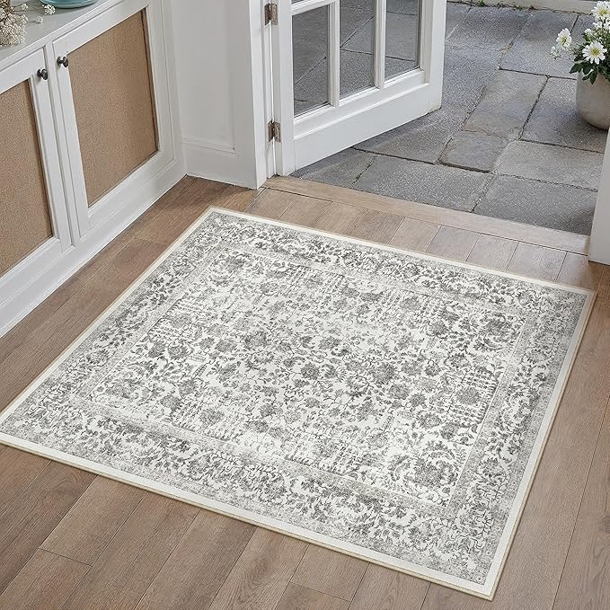 Black Entryway Area Rug 2x3 Door Mat Machine Washable Kitchen Vintage Distressed Non Slip Carpet Indoor Retro Floral Accent Throw Small Rug for Bathroom Office Bedroom Dining Room