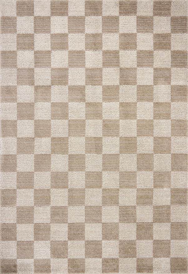 Loloi Chris Loves Julia Calvin Collection CLV-01 Pebble/Ivory 7'-10" x 10' Area Rug Checkered Neutral Soft Living Room Bedroom Carpet