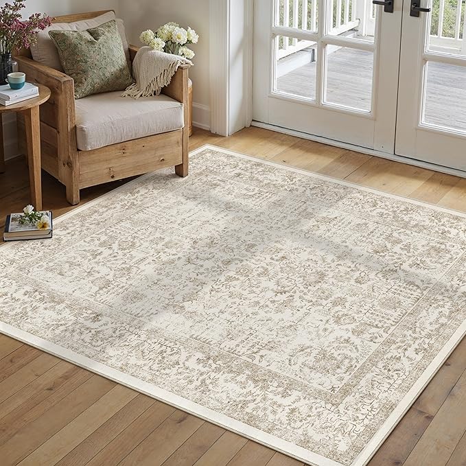 Light Brown Area Rug 4x5 Office Entryway Rug Machine Washable Kitchen Vintage Distressed Non Slip Carpet Indoor Retro Floral Accent Throw Door Mat for Bathroom Bedroom Dining Living Room