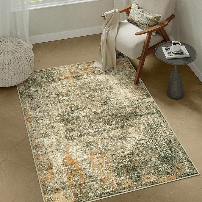 Area Rug 3x5 Brown Washable Non-Slip Lightweight Floral Vintage Distress Print Rug for Living Room Low Pile Soft Throw Indoor Carpet for Office College Dorm Laundry Dining Room Bedroom