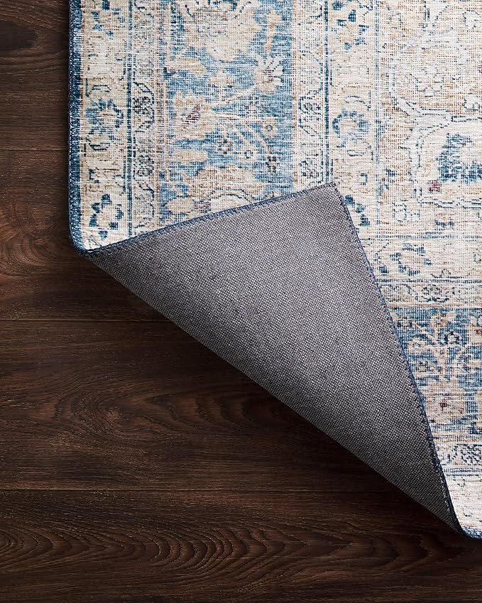 Loloi Layla Collection LAY-07 Blue/Tangerine 7'-6" x 9'-6" .13" Thick Area Rug, Soft, Durable, Vintage Inspired, Distressed, Low Pile, Non-Shedding, Easy Clean, Printed, Living Room Rug
