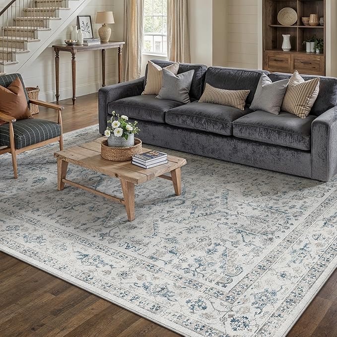 Blue 5x7 Area Rug Vintage Washable Living Room Carpet Non Slip Bedroom Indoor Office Low Pile Traditional Distressed Retro Accent Rug for Dining Room Bathroom Kitchen