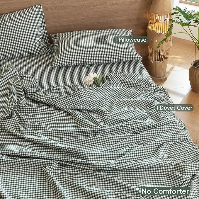 MooMee Gingham Duvet Cover Set 100% Washed Cotton Linen Like Textured Breathable Durable Soft Comfy Modern Checkered Design (Mini Gingham Forest Green, Twin 68"x90")