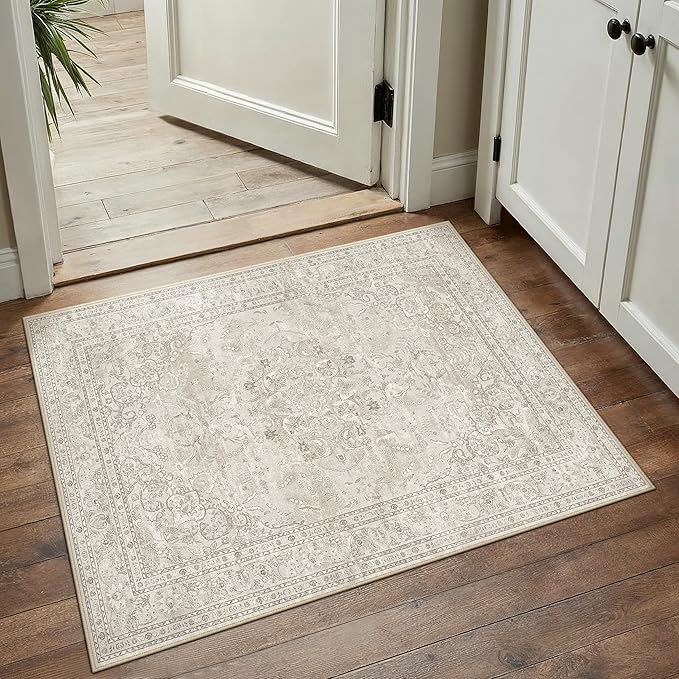 Beige 2x3 Area Rug Washable Vintage Small Carpet for Entryway Kitchen Soft Retro Floral Low Pile Thin Door Mat Non Slip Central Medallion Throw Rug for Bathroom Office Bedroom Dining Room