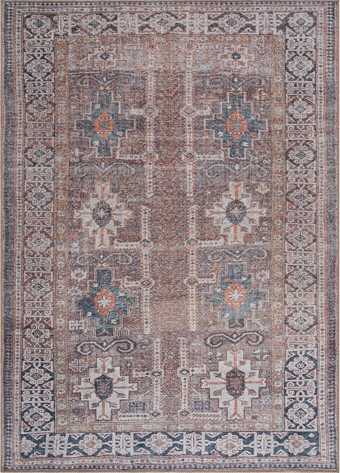 Bloom Rugs Washable 3' x 5' Rug - Brown/Blue/Orange Traditional Area Rug for Living Room, Bedroom, Dining Room, and Kitchen - Exact Size: 3' x 5'