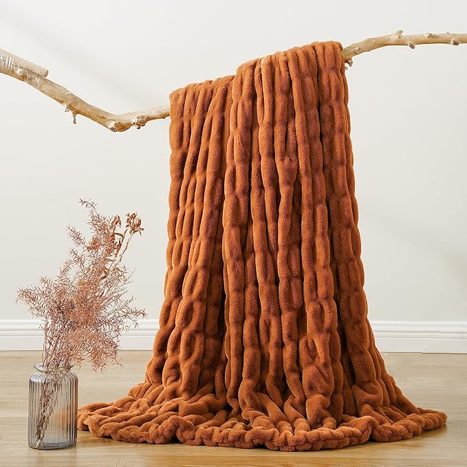 BATTILO HOME Burnt Orange Faux Fur Throw Blanket for Couch, Double Side Ruched Reversible Rabbit Fur Blanket for Bed, Sofa, Cozy Soft Mink Blanket, Fall Throw Blanket Fall Decor, 50x60 Inches