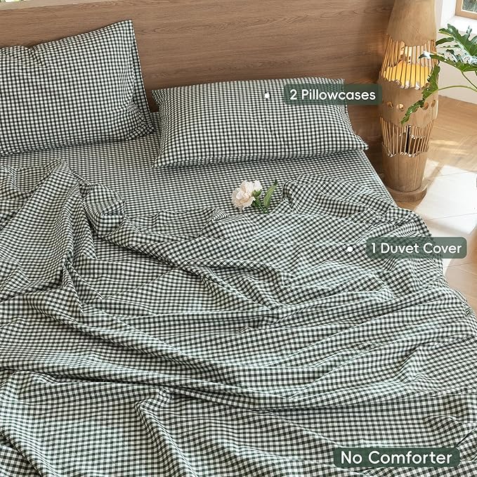 MooMee Gingham Duvet Cover Set 100% Washed Cotton Linen Like Textured Breathable Durable Soft Comfy Modern Checkered Design (Mini Gingham Forest Green, Queen 90"x90")