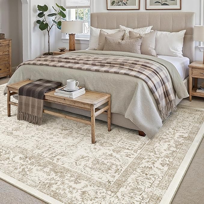 Light Brown Area Rug 5x7 Machine Washable Vintage Living Room Distressed Non Slip Carpet Traditional Indoor Bedroom Retro Floral Accent Throw Large Rug Office Kitchen Bathroom Dining Room
