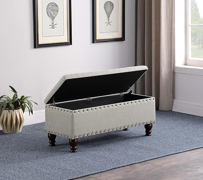 HomePop Large Storage Bench with Nailhead Trim -Gray Woven
