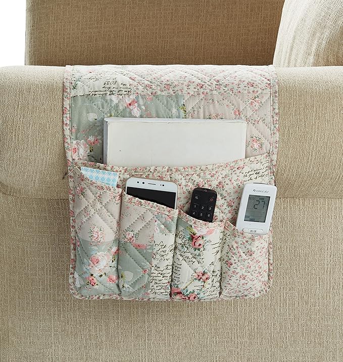Brilliant Sunshine Rose and Sage Patchwork Sofa Armrest 5 Pockets Organizer, Slip Resistant Armchair Caddy, Washable Remote Controls Holder, Storage for Magazine, Tablet, Phone, iPad,35×13",Rose Sage