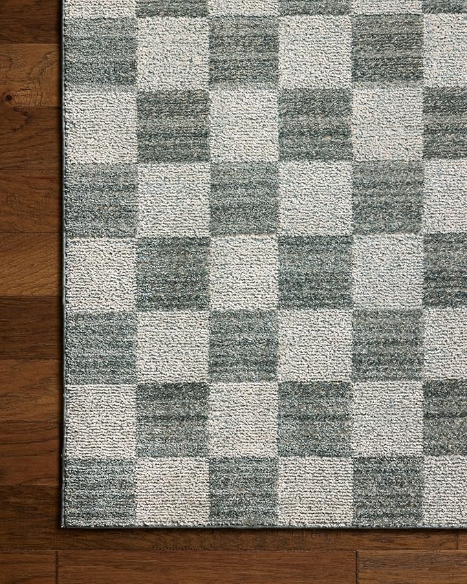 Loloi Chris Loves Julia Calvin Collection CLV-01 Blue/Ivory 5'-3" x 5'-3" Round Area Rug Checkered Neutral Soft Living Room Bedroom Carpet