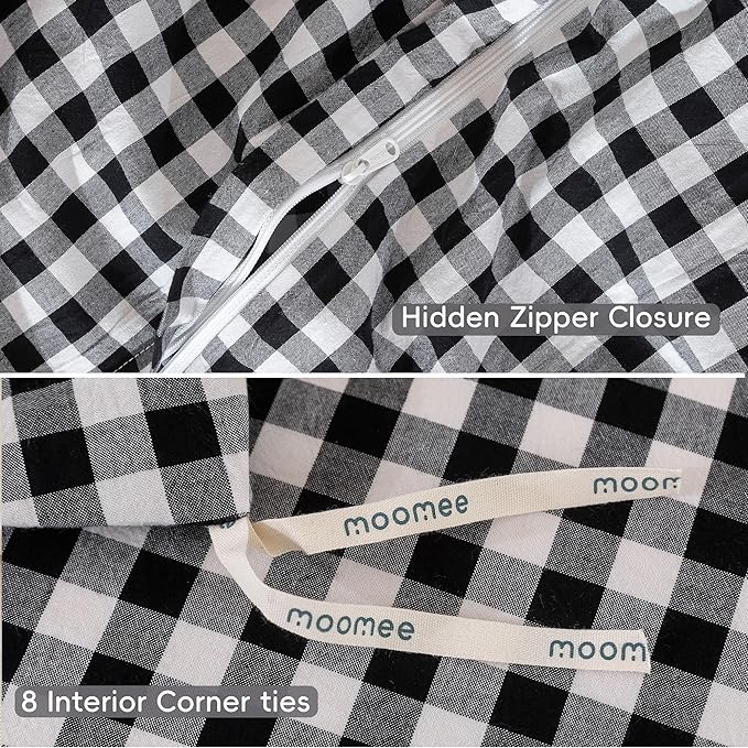 MooMee Gingham Duvet Cover Set 100% Washed Cotton Linen Like Textured Breathable Durable Soft Comfy Modern Checkered Design (Black White Gingham, Cal King 104"x98")