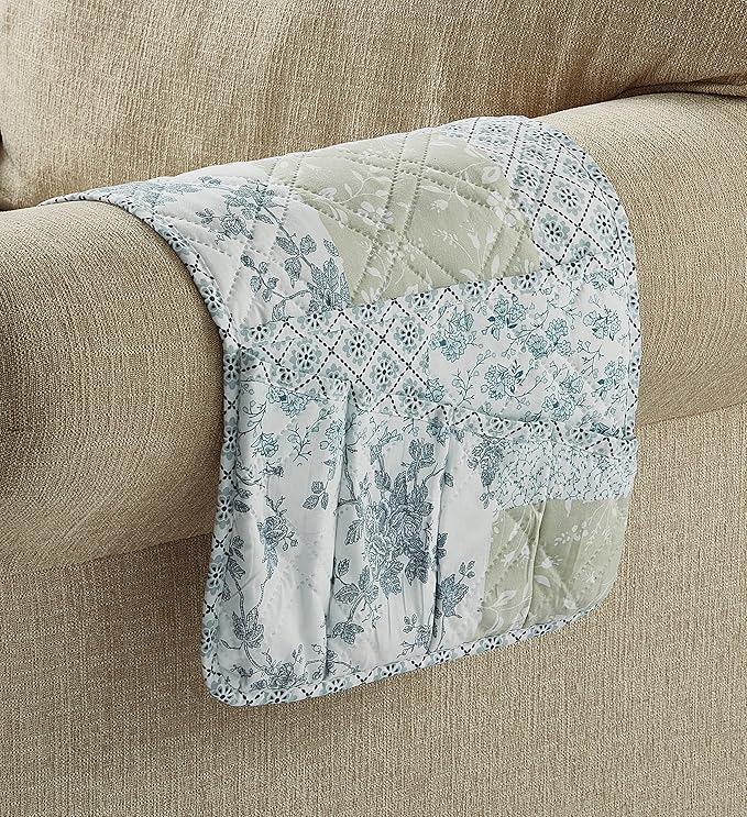Brilliant Sunshine Multi Blue and Beige Floral Patchwork Couch Armrest 5 Pockets Organizer, Slip Resistant Armchair Caddy, Washable Remote Controls Holder, Storage for Magazine, iPad, 35×13", Blue