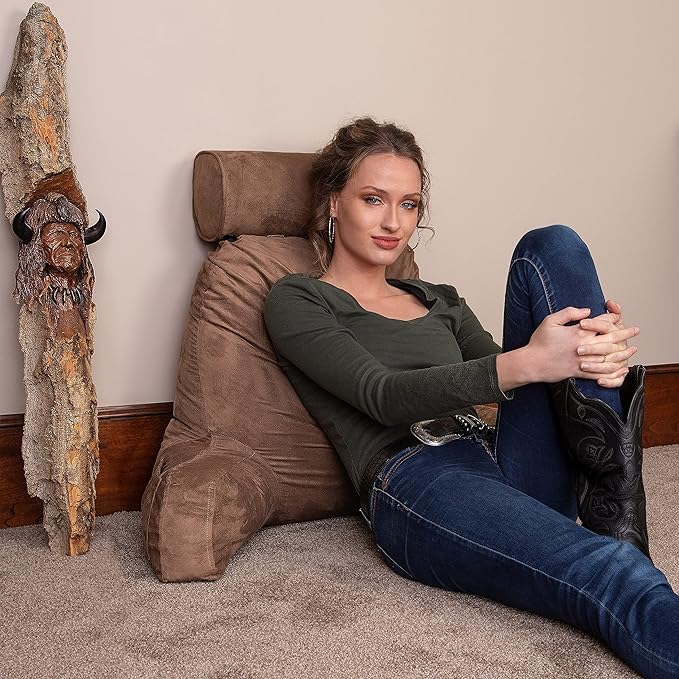 Husband Pillow XXL Aspen Edition, Adult Reading Sit Up Bed Rest Pillow for Bed with Arms & Neck Roll on Bungee Cord - Premium Memory Foam - Reversible 2 Sided Cover Micro Suede or Plush, Saddle Brown