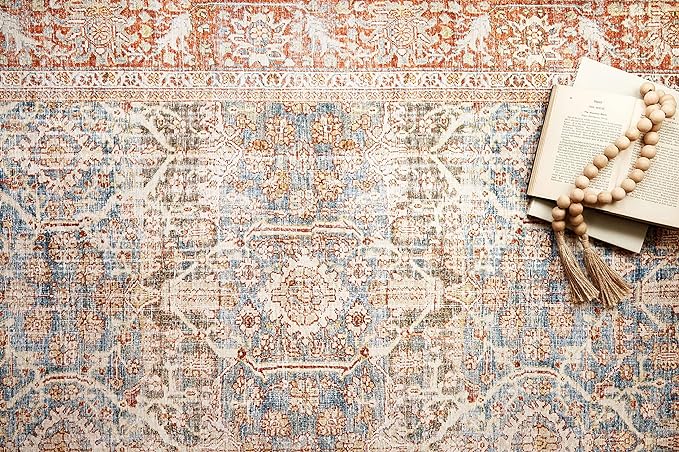 Loloi Layla Collection LAY-04 Ocean/Rust 3'-6" x 5'-6" .13" Thick Accent Rug, Soft, Durable, Vintage Inspired, Distressed, Low Pile, Non-Shedding, Easy Clean, Printed, Living Room Rug