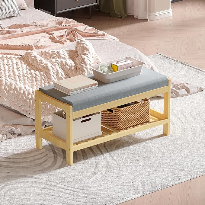 Shoe Bench Entryway, Solid Wood 2-Tier Shoe Rack Bench with Padded Seat, Shoe Organizer for Hallway Living Room, Mudrooms, Natural