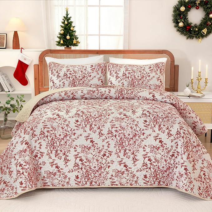 WONGS BEDDING Quilt Queen Size, Christmas Red Quilt Bedding Set with 2 Pillowcases, Botanical Quilts for Queen Bed, Soft Microfiber Lightweight Coverlet Bedspread for All Season (96"×90", 3 Pieces)