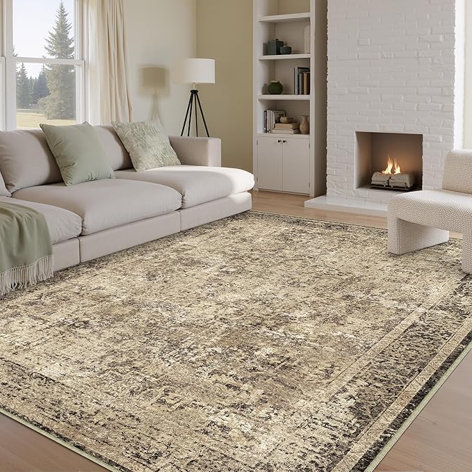 5x7 Area Rug Washable Vintage Neutral Living Room Carpet Large Indoor Non Slip Brown Bedroom Distressed Low Pile Retro Accent Throw Rug for Dining Room