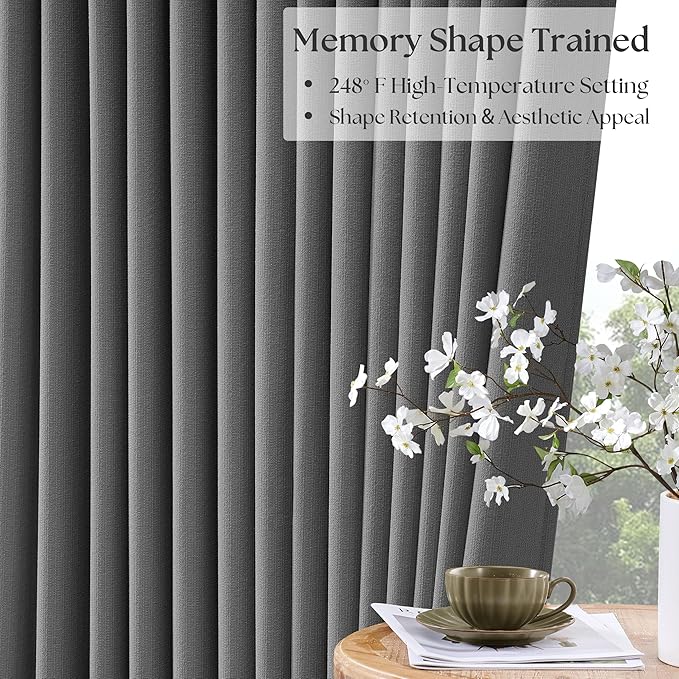 Dark Gray Linen Blackout Pleated 105 Inch Curtains for Living Room Darkening Pinch Pleat 100% Black Out Drapes Thermal Insulated Soundproof Charcoal Grey 105 Inch Curtain for Dining Bedroom