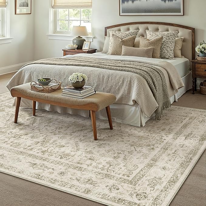 Taupe 8x10 Area Rug Vintage Washable Living Room Carpet Non Slip Bedroom Indoor Office Low Pile Large Traditional Distressed Retro Accent Rug for Dining Room Bathroom Kitchen