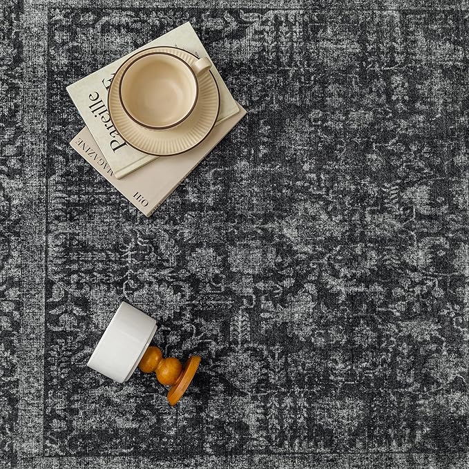Dark Black Area Rug 5x7 Machine Washable Vintage Living Room Distressed Non Slip Carpet Traditional Indoor Bedroom Retro Floral Accent Throw Large Rug Office Kitchen Bathroom Dining Room