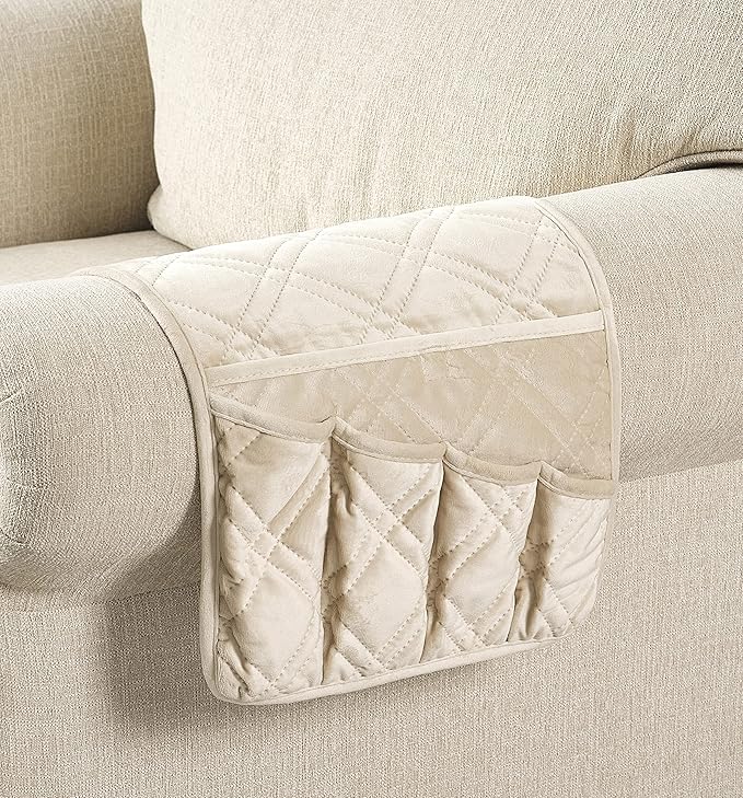 Brilliant Sunshine Beige Velvet Couch Armrest 5 Pockets Organizer, Slip Resistant Recliner Armchair Caddy, Washable Remote Controls Holder, Storage for Magazine, Tablet, Phone, 35×13", Beige Natural