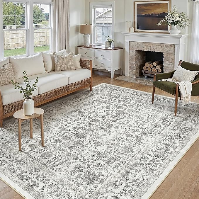 Black Area Rug 8x10 Machine Washable Large Vintage Living Room Distressed Non Slip Carpet Traditional Indoor Bedroom Retro Floral Accent Throw Rug for Office Kitchen Dining Room