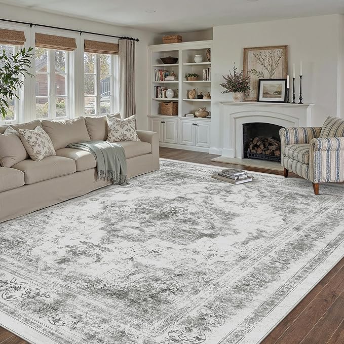 Washable Rug 9x12 Area Rug for Living Room Gray Vintage Boho Medallion Large Grey Distressed Retro Carpet Non Slip Indoor Low Pile Small Soft Bedroom Dining Room Home Office